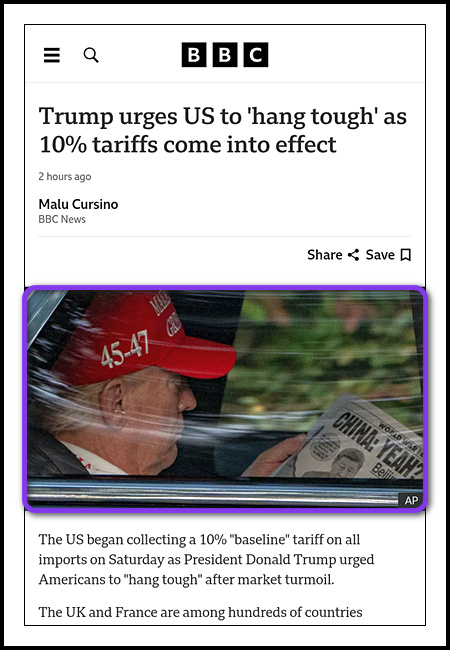 Photograph of US President Trump sitting in the back of a car reading a New York Post article about China. He’s wearing a baseball cap with, amongst other wording, the phrase ‘45-47’.