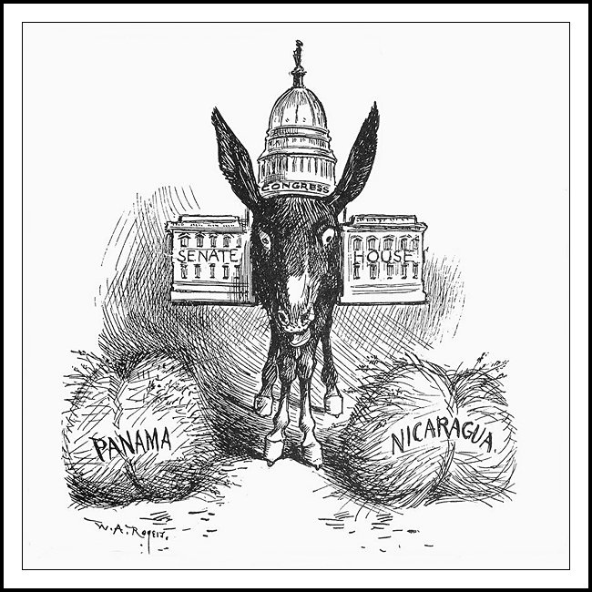A cartoon on the debate in the US Congress over whether to build a canal through Panama or Nicaragua. An ass is standing in front of the US Capitol Building and equidistant between two bales of straw: one titled Panama the other Nicaragua. Cartoon is by William Allen Rogers and this jpg is public domain, via Wikimedia Commons.