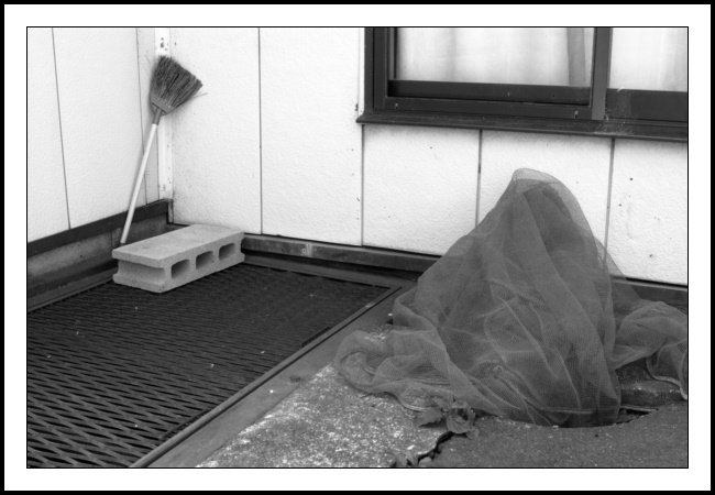 A black and white photograph of a broom, a block and a net. The broom and block are in an outside corner of a building and are found in the top left third of the frame. The concrete block is wedging the broom into the corner. Taking up much of the bottom right of the frame is a net. This net is used to put rubbish bags under to prevent crows from pecking the rewards inside. The net is not being used for that purpose at the taking of this photograph. In the top right of the frame is a slice of the bottom of a two-pane window. The external cladding of the house is white - so no loss of colour detail there. The net is blue. There is tension between the net, the broom and the block. This tension is heightened by the gap between them - about half the frame size. Also adding to the tension is that the broom and block are sitting on some kind of grille which may be preventing the net from getting any closer. Two further points of note: the broom is upside down so its bristles are pointing upwards and into the wall of the house rather than towards the net; and the 2D nature of photography presents the illusion that the net is billowing upwards whereas between you and me, the net is actually leaning up against the outside wall of the house. Not sure what triggered me to click the shutter, but as always, I’m happy I did.)