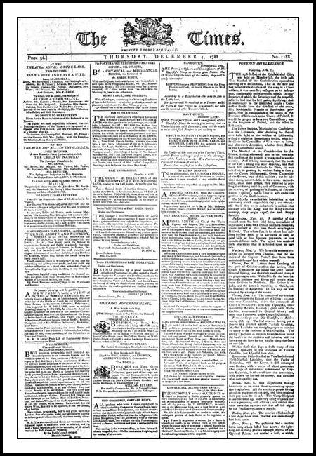 An image of The Times front page from 1788. No photographs on that front page nor big bold headlines