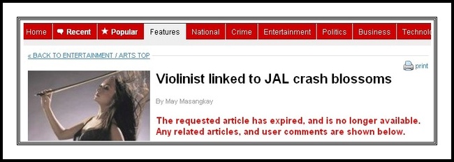 An image of a headline which reads: Violinist Linked to JAL Crash Blossoms