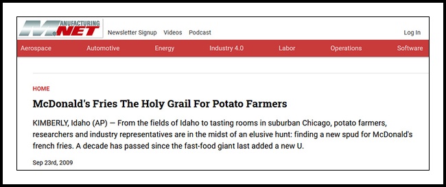 An image of a headline which reads: MacDonald’s Fries The Holy Grail For Potato Farmers