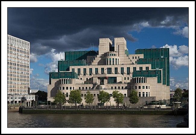 A photograph looking across the River Thames towards the new MI6 building along the south bank at Vauxhall.
