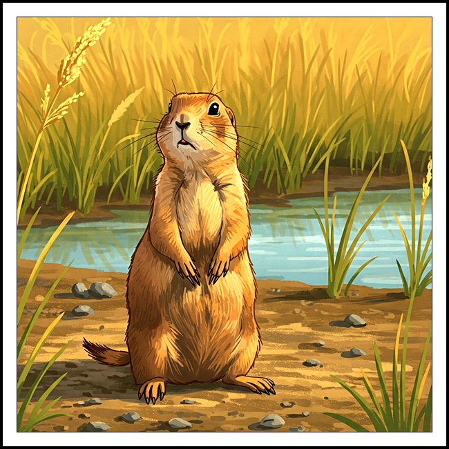 A cartoon of a prairie dog in front of a prairie slough landscape