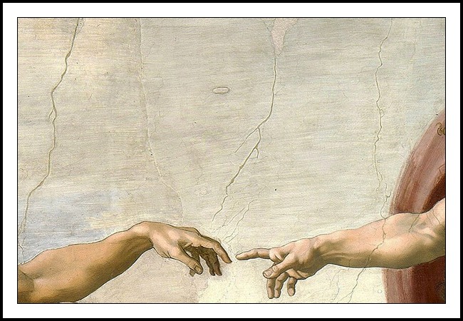 Detail from Michelangelo’ Sistine Chapel Fresco: ‘The Creation of Adam’ which portrays the creation of mankind by God. The two index fingers in the detail are separated by a very small gap which some believe reflects the unattainability of divine perfection by man.