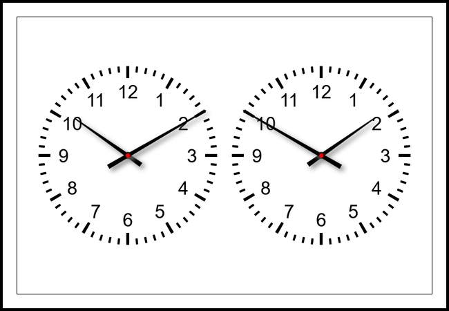 An image of two analogue dials (in horology that is what a clock face is called) with the one on the left showing the time of ten past ten and the one on the right showing the time of ten to two. The subtle difference in hand positions being displayed: the hour hand of the left clock is a little after the ten hour marker on the dial whereas the hour hand on the right side clock is a little before the two hour marker. A big enough steering wheel and small enough hands would certainly prove that the positions are not identical!